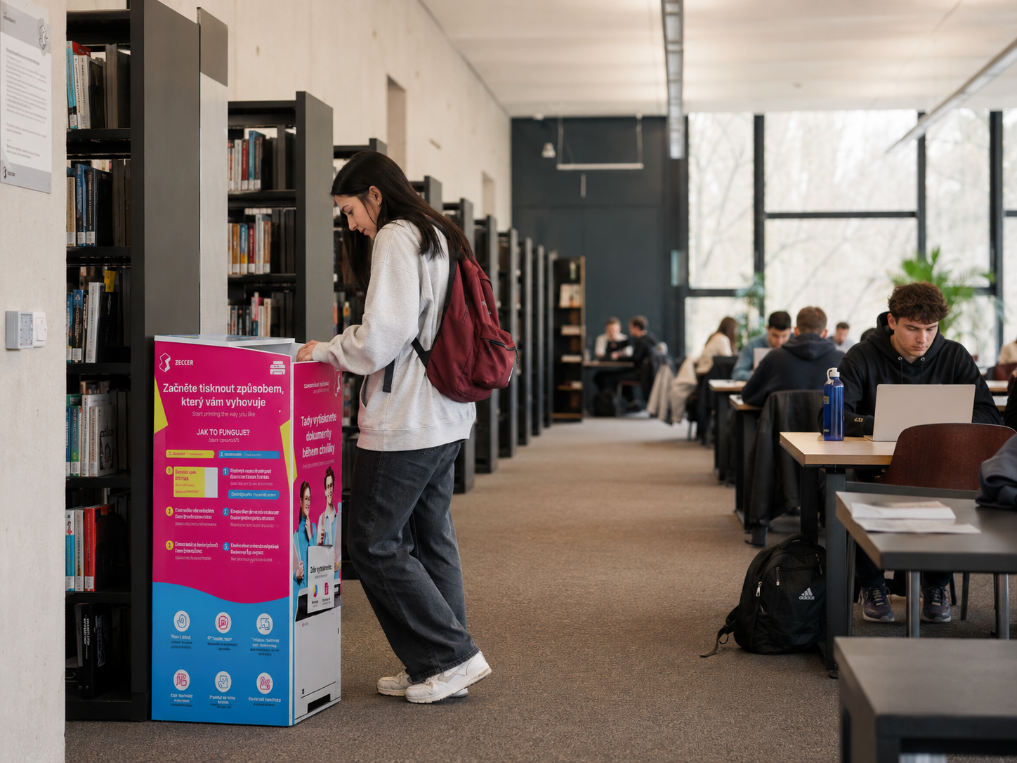 Student tiskne dokument ze smartphonu na samoobslužné tiskárně Zeccer u kampusu